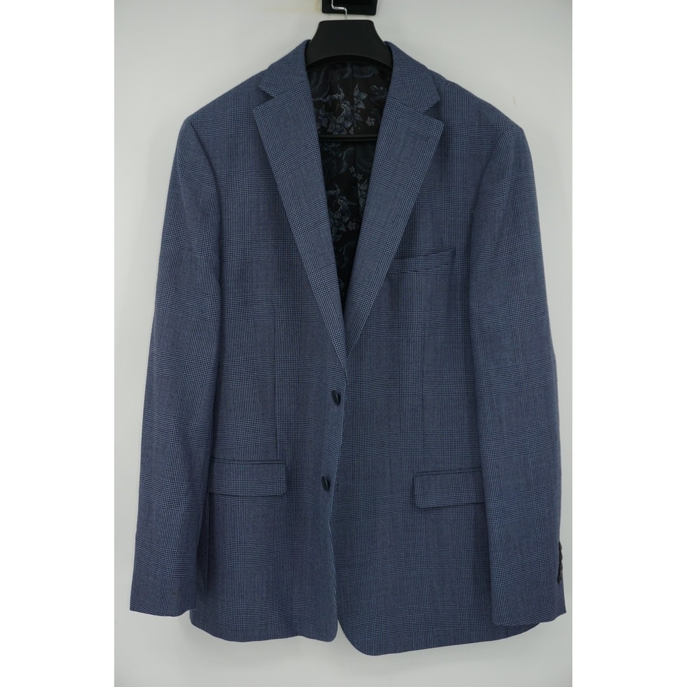 Tallia Blazer Men's 46L Blue Check Wool Blend Sport Coat Stretch Two Button